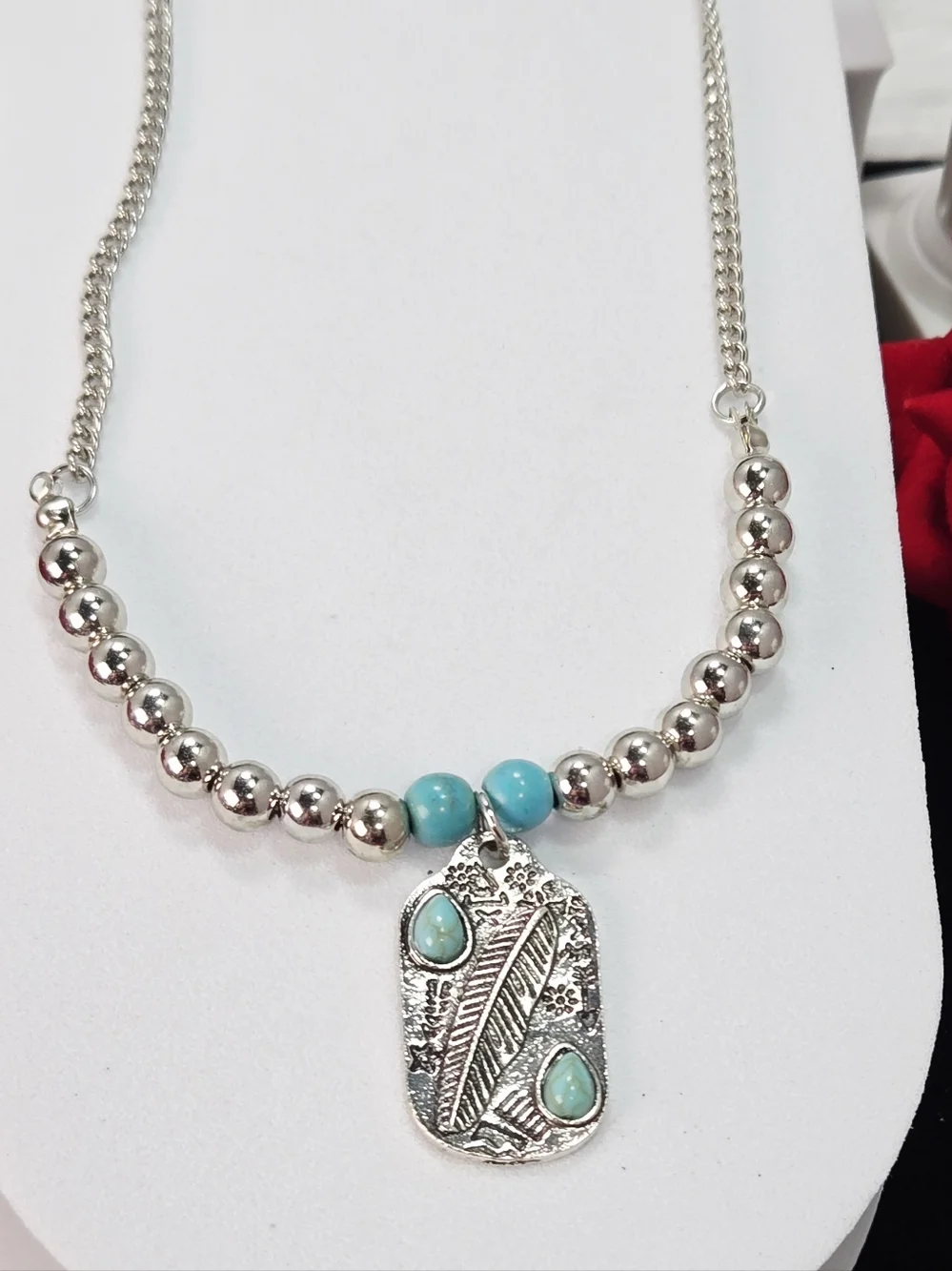 Western Turquoise Medallion Necklace Feather Charm Beaded Silver Desert Glow